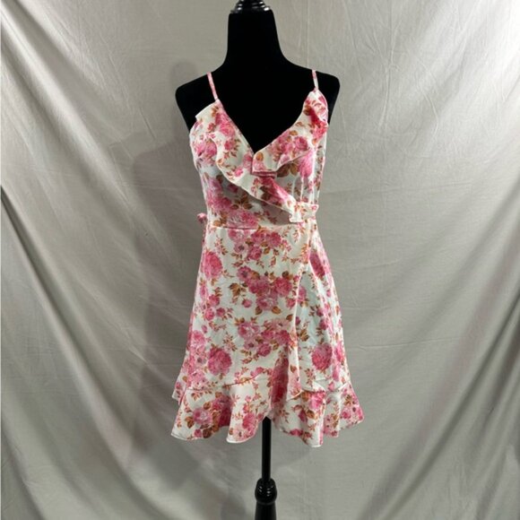 Pink Floral Wrap Ruffle Hem Mini Dress - Picture 6 of 8